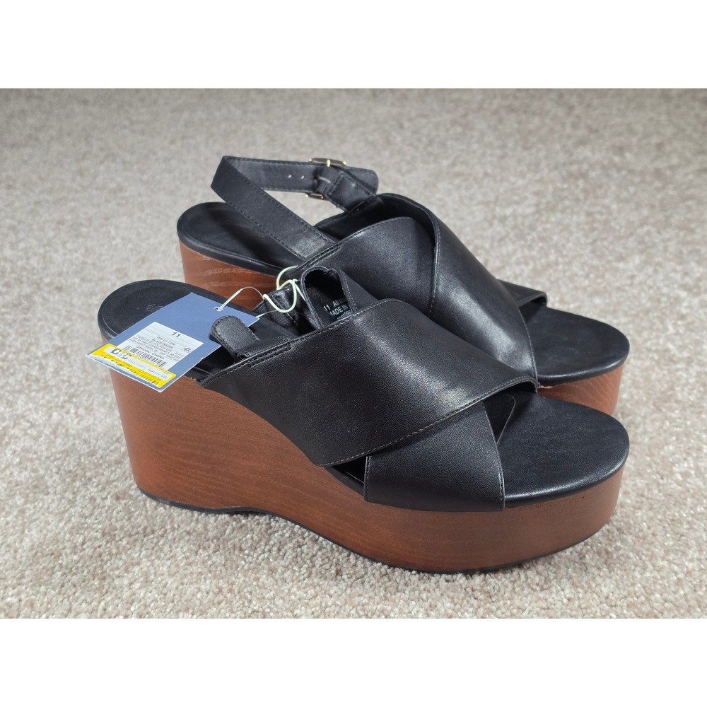 Universal Thread Womens Black Platform Wedge Sandals Faux Wood Heel Size 11 NEW